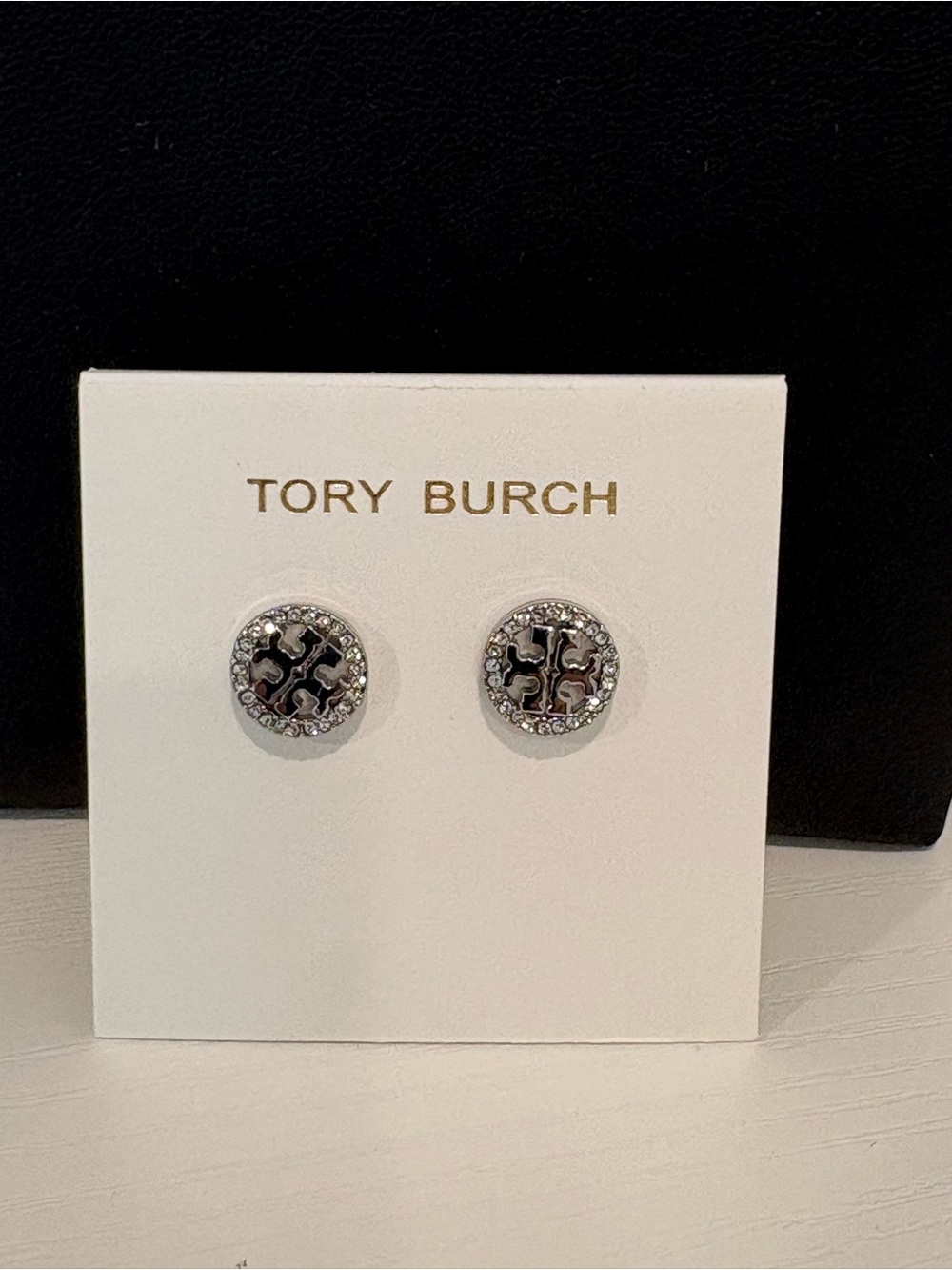 Tory Burch Silver Kira Logo Crystal Pave Stud Earrings